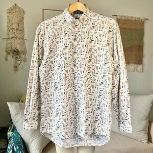 Vintage Funky Atomic Pattern Button Up Long Sleeve Collar Shirt White Brown